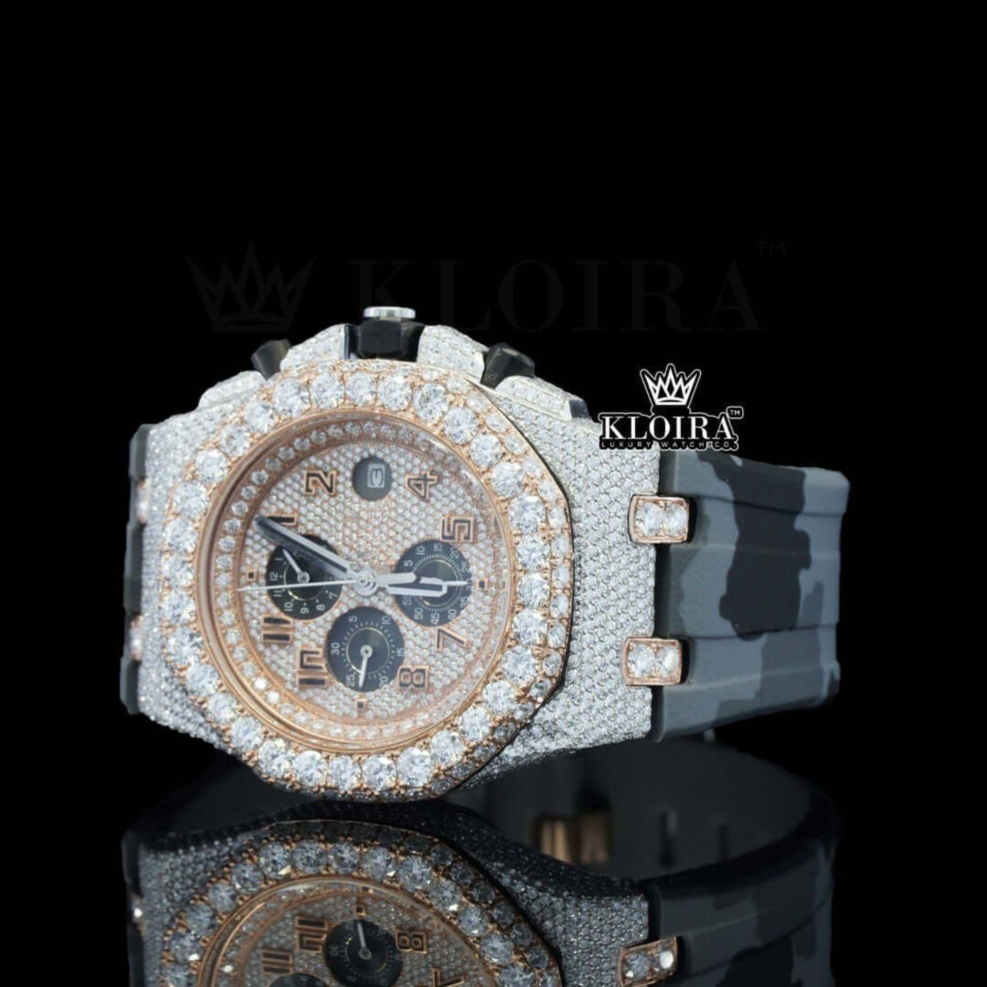 AP Chronograph Army Rubber Strap Moissanite Diamond Watch Left Profile View