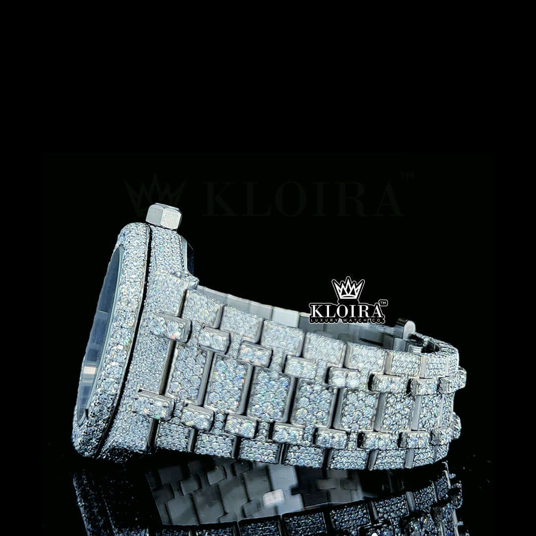AP Full Iced Out Moissanite Diamond Watch Black Stick Marker Left Side Bracelet View