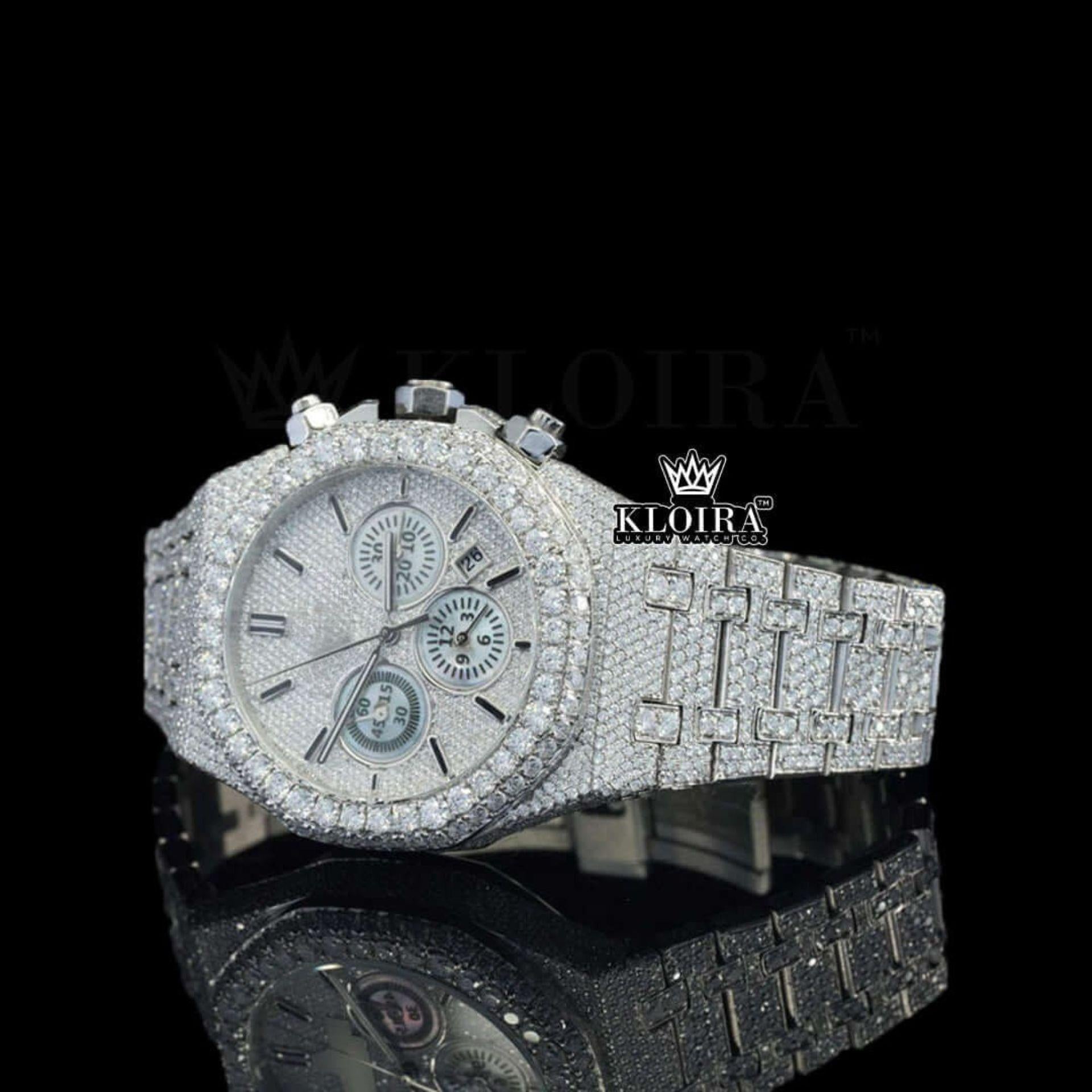 AP Fully Iced Out White Dial Moissanite Diamond Watch Close Up Front View