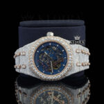 AP Skeleton Blue Dial Iced Out Moissanite Diamond Watch Close Up Front View