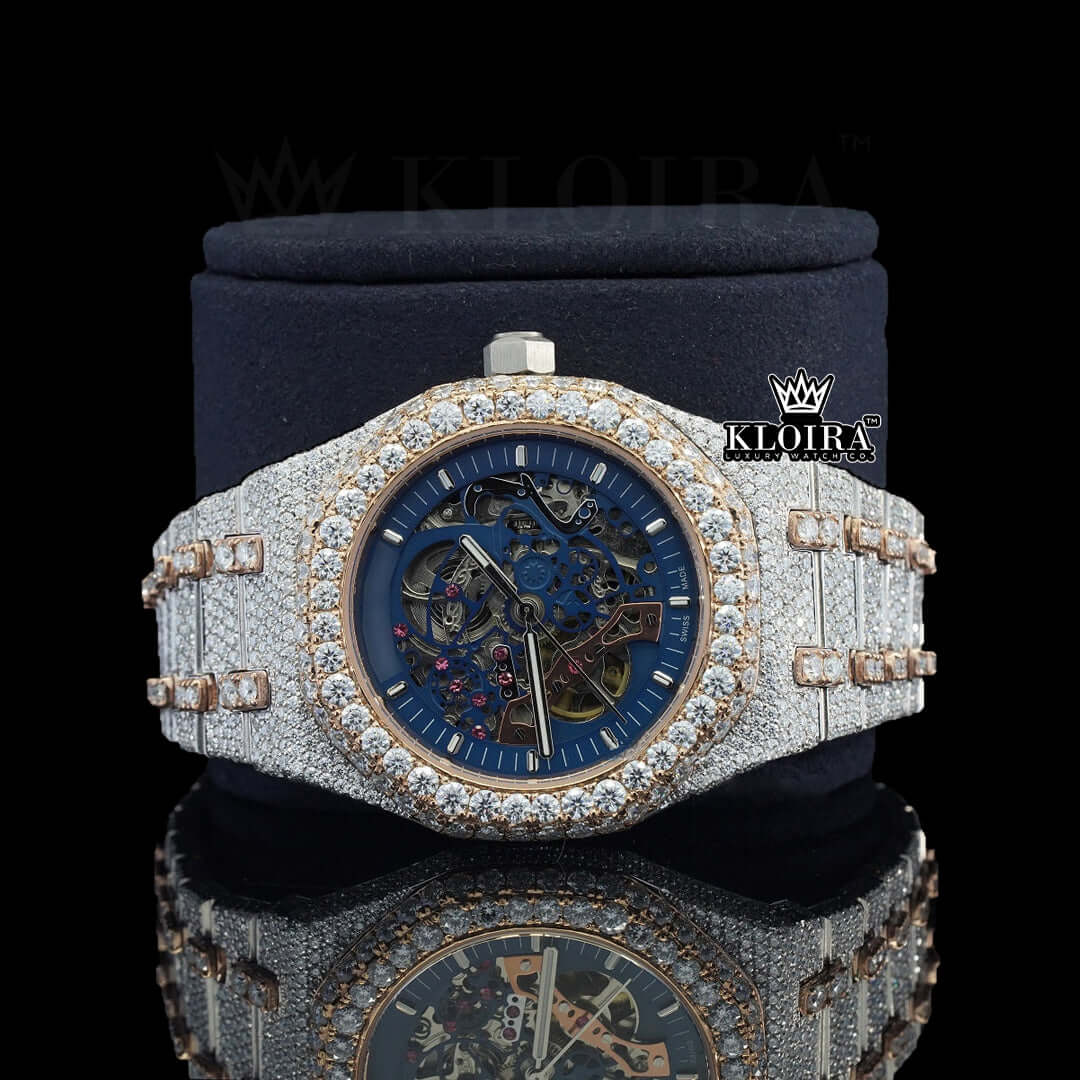 AP Skeleton Blue Dial Iced Out Moissanite Diamond Watch Close Up Front View