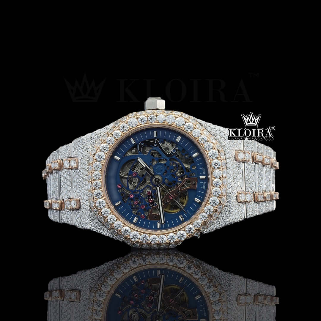 AP Skeleton Blue Dial Iced Out Moissanite Diamond Watch Front View