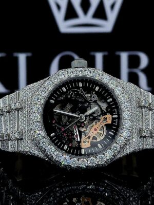 AP Black Skeleton Dial Full Iced Out Natural Diamond Watch