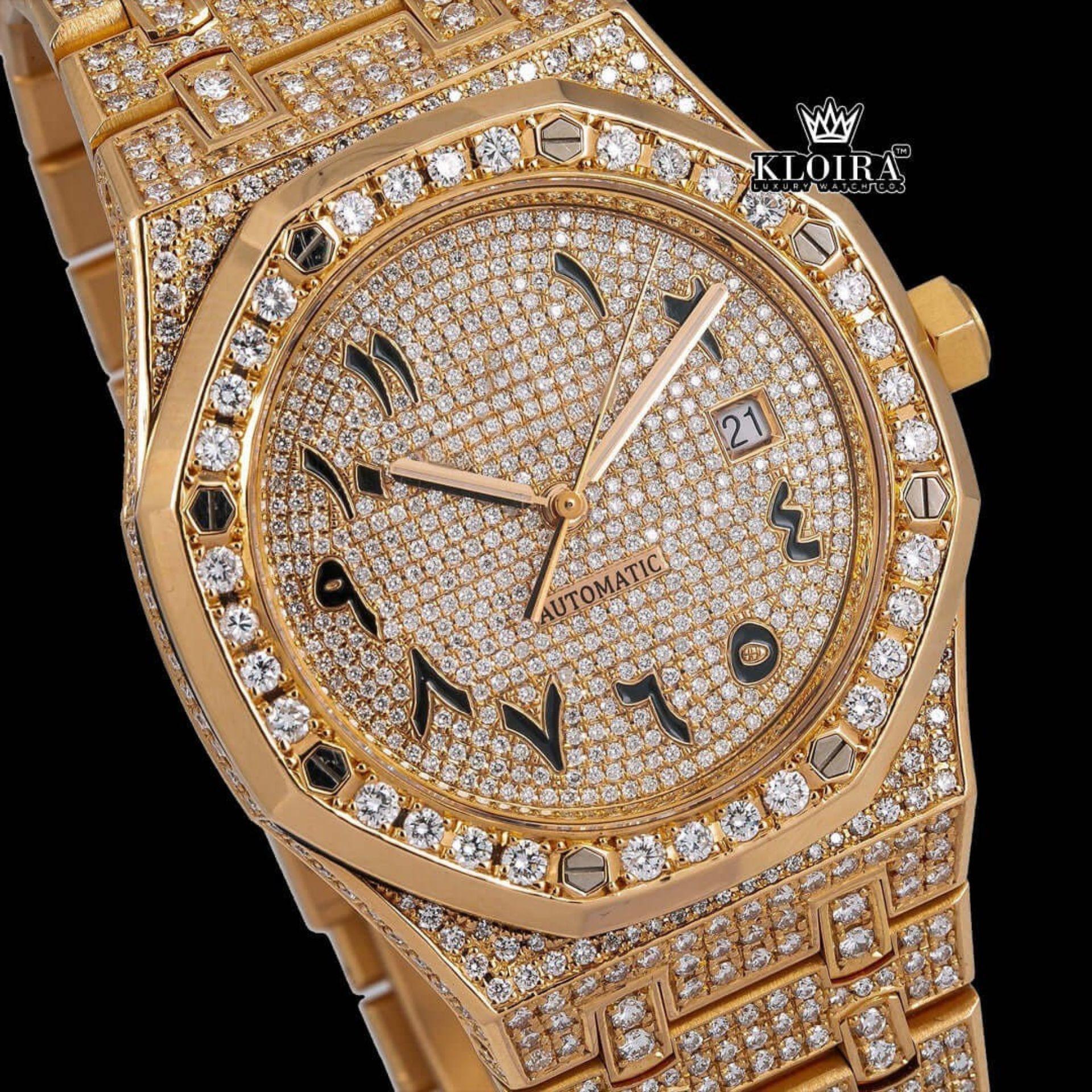 AP Yellow Gold Arabic Dial Moissanite Diamond Watch Close Up Dial View
