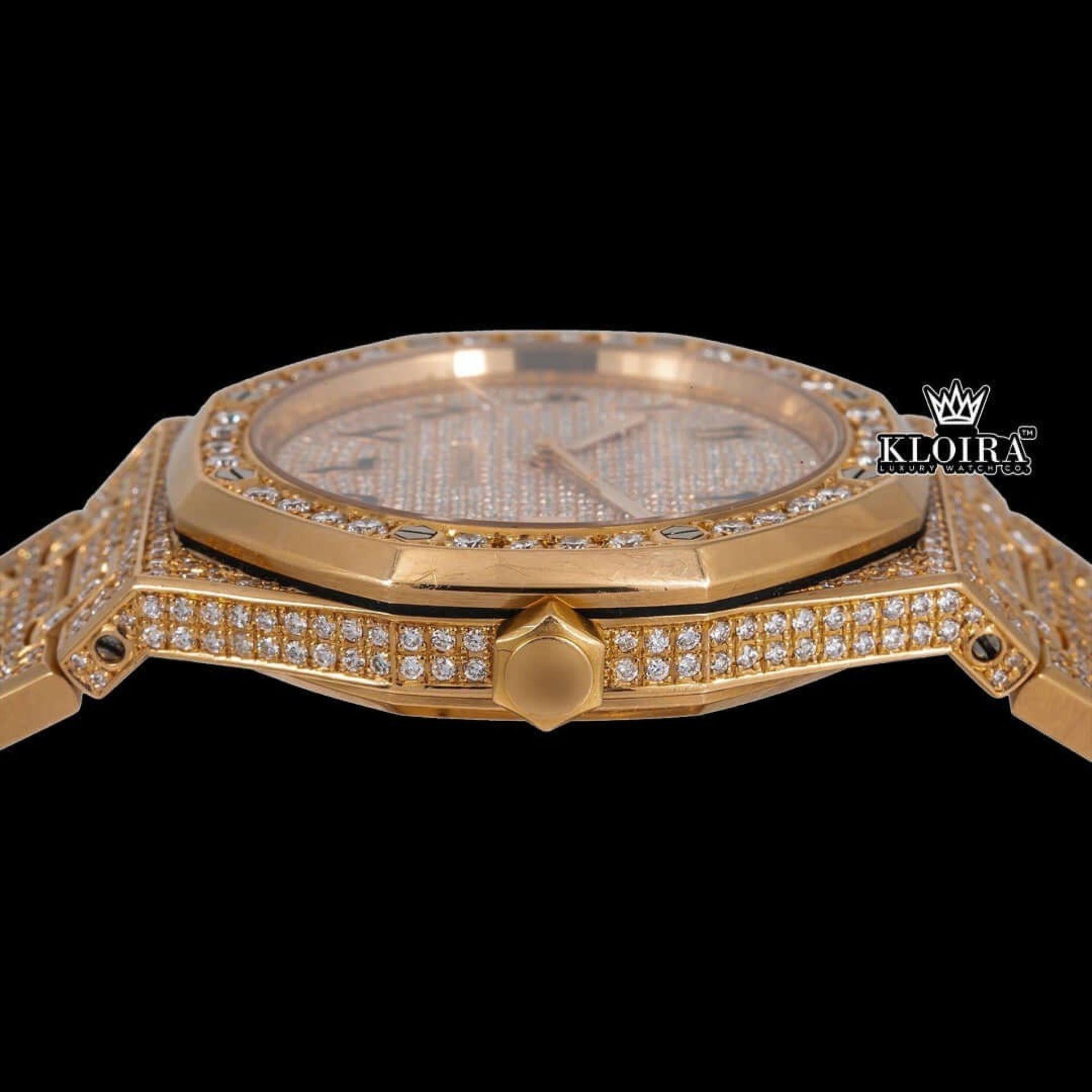 AP Yellow Gold Arabic Dial Moissanite Diamond Watch Crown View