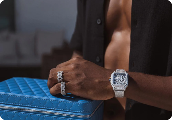 Moissanite rings and watch worn together
