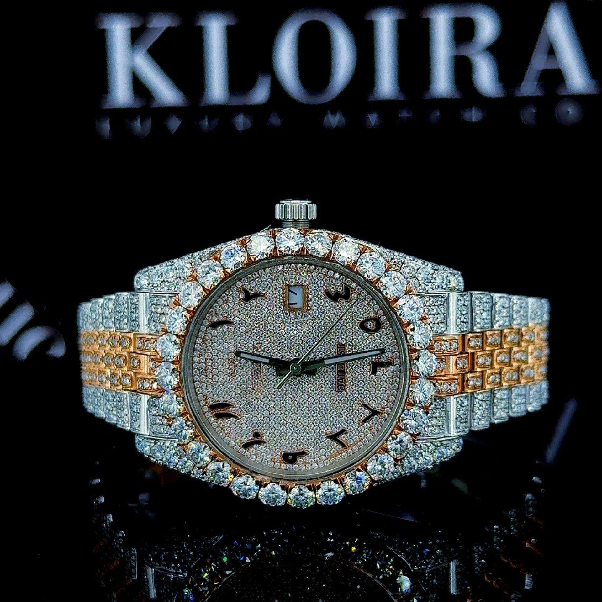 Arabic Dial Diamond Bezel Two Tone Fully Iced Out Moissanite Watch Front Side View
