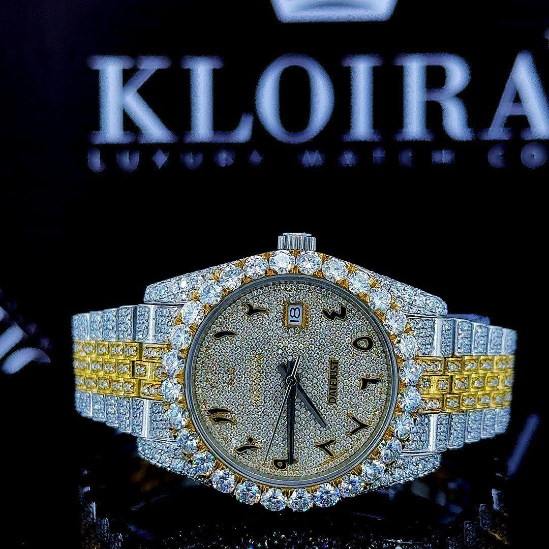 Arabic Dial Two Tone Yellow Gold Fully Iced Out Moissanite Watch Front Close View
