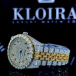 Arabic Dial Two Tone Yellow Gold Fully Iced Out Moissanite Watch Right Strap View