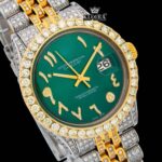Arabic Numerals Green Dial Two Tone Iced Out Moissanite Watch Close Up Dial View