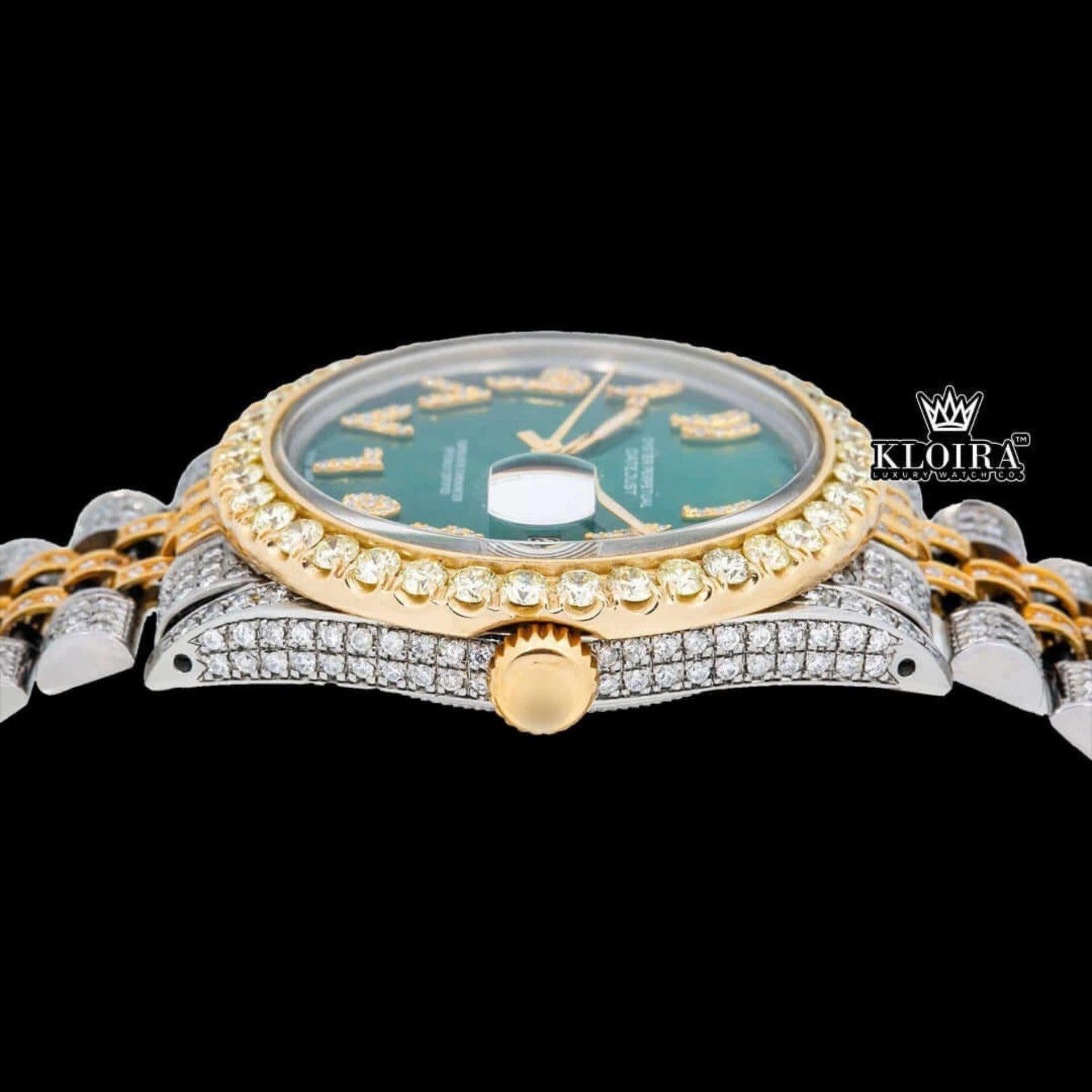 Arabic Numerals Green Dial Two Tone Iced Out Moissanite Watch Crown View