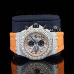 Arabic Numerals Iced Out Orange Rubber Strap Moissanite Diamond Watch Close Up Front View