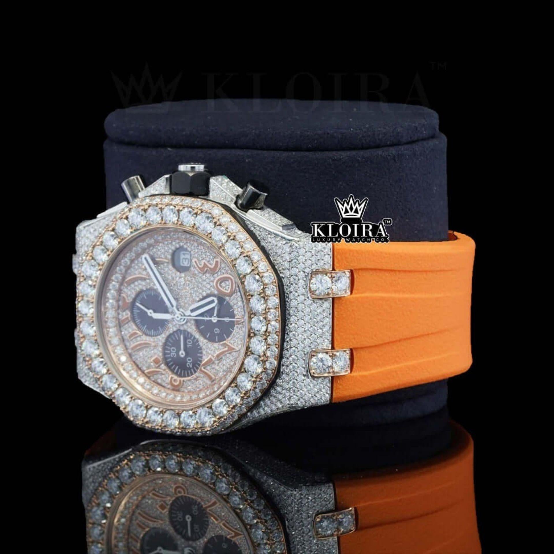 Arabic Numerals Iced Out Orange Rubber Strap Moissanite Diamond Watch Left Profile View