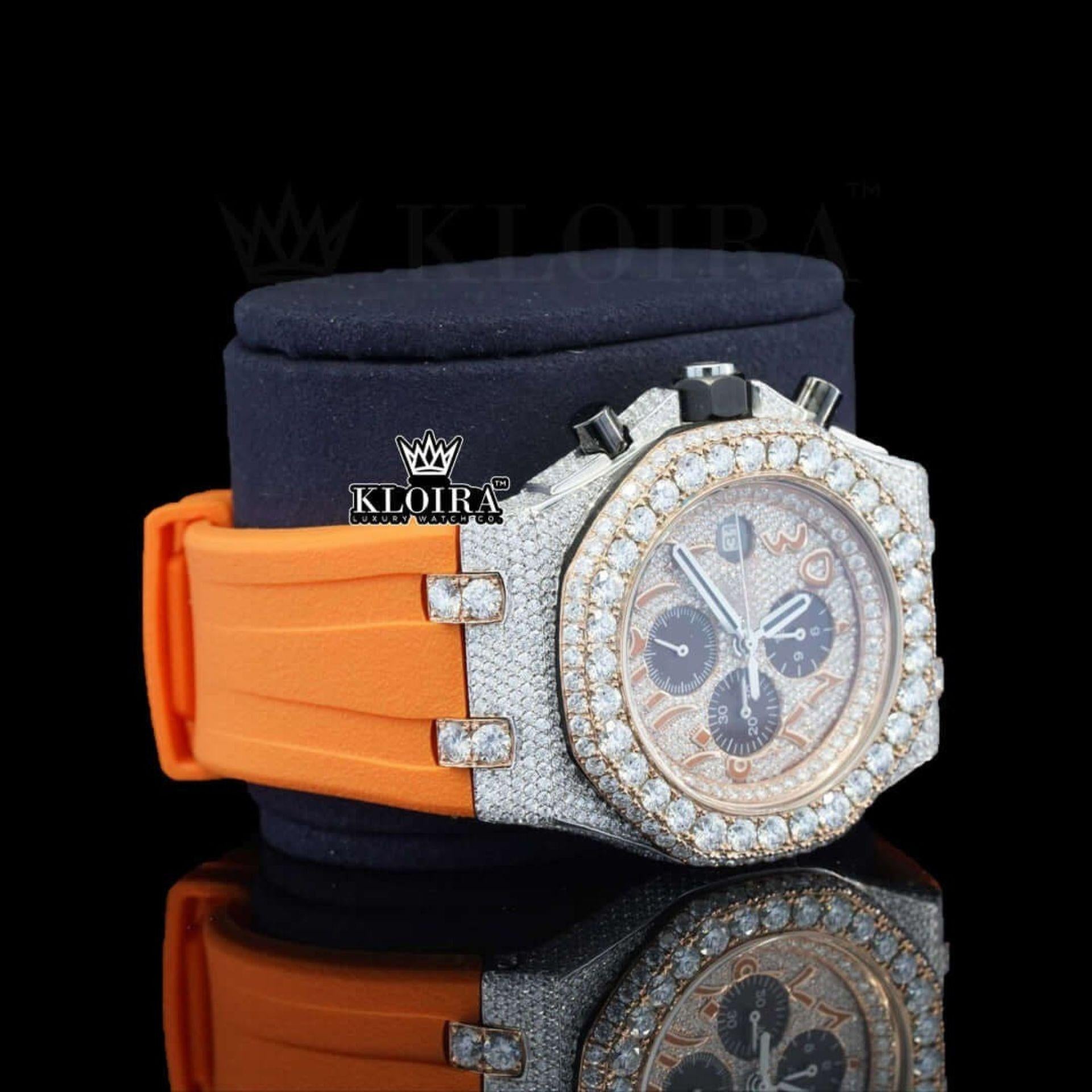 Arabic Numerals Iced Out Orange Rubber Strap Moissanite Diamond Watch Right Profile View