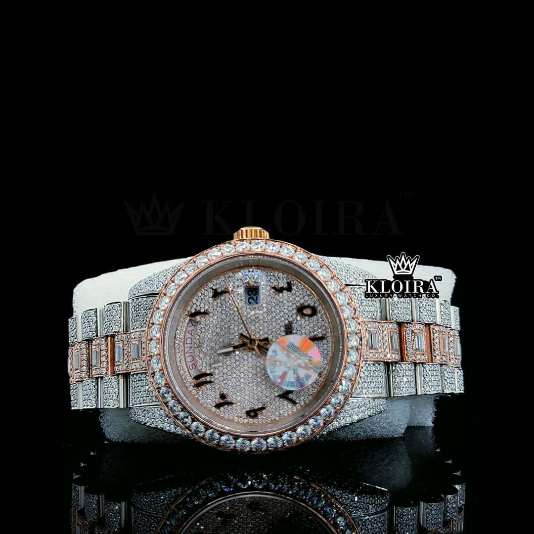 Arabic Numerals Rose Gold Dial Two Tone Iced Out Moissanite Watch Close Up Dial View
