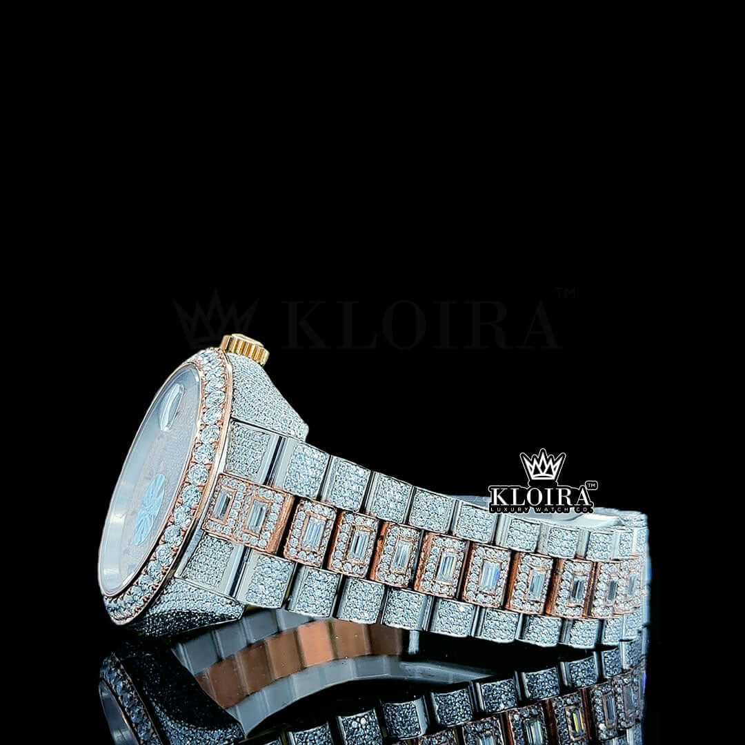 Arabic Numerals Rose Gold Dial Two Tone Iced Out Moissanite Watch Left Side Bracelet Close Up View