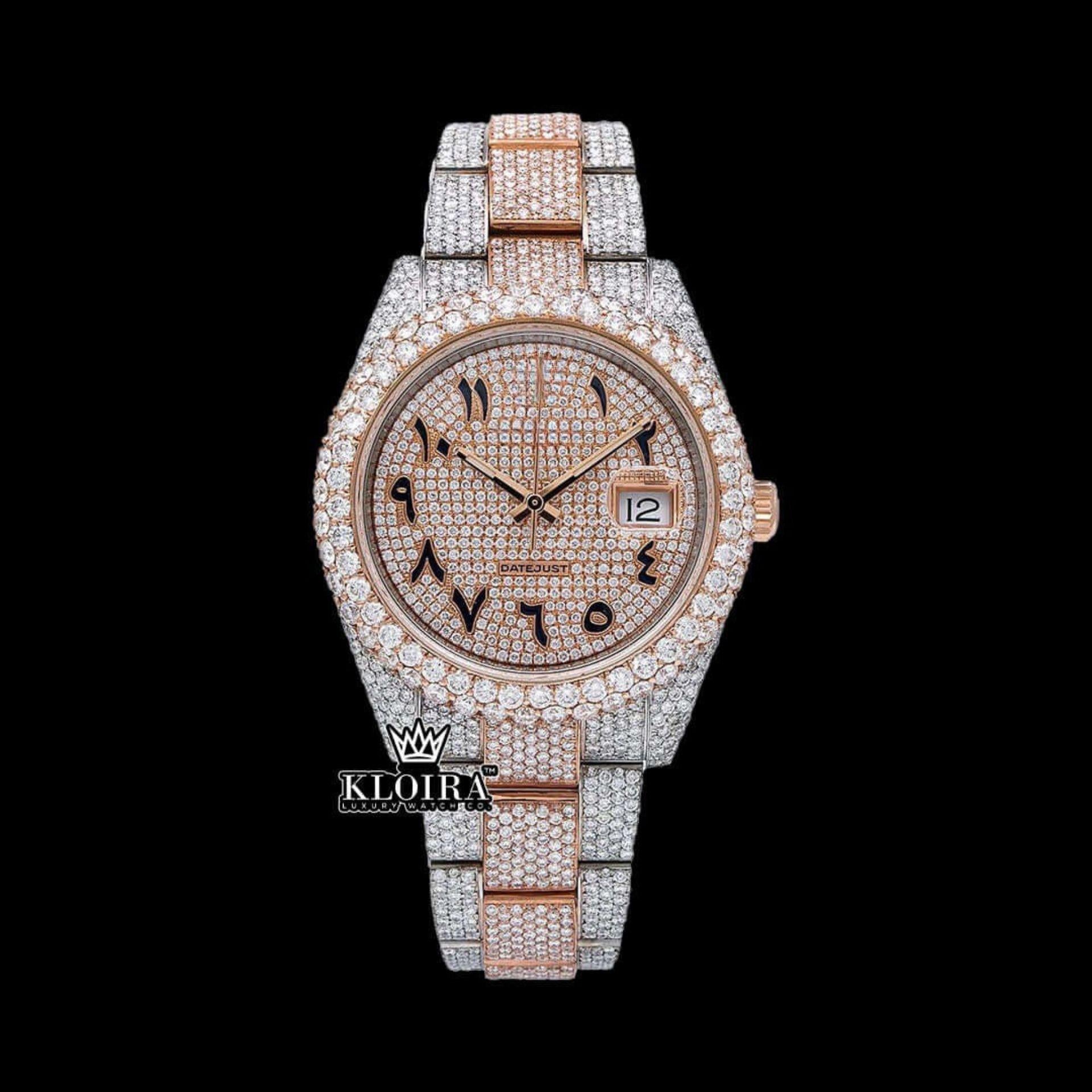 Arabic Numerals Two Tone Rose Gold Moissanite Diamond Watch Front View
