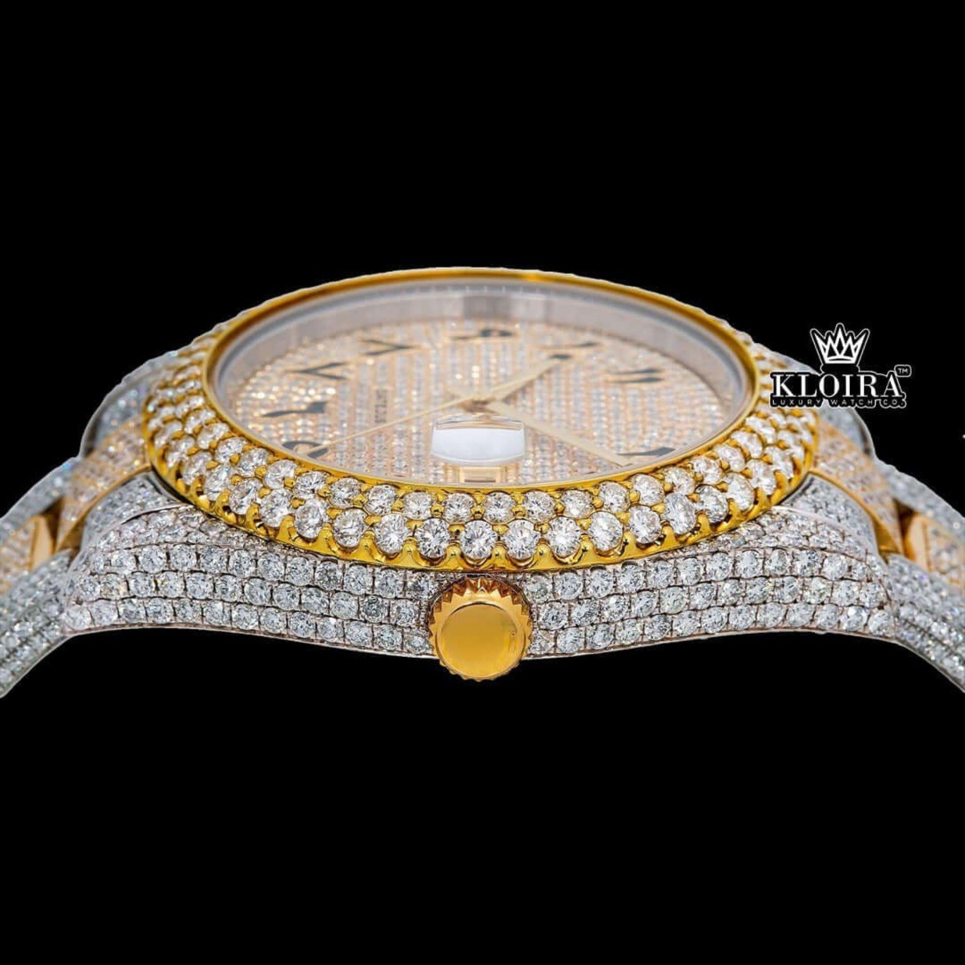 Arabic Numerals Two Tone Yellow Gold Dial Moissanite Diamond Watch Crown View
