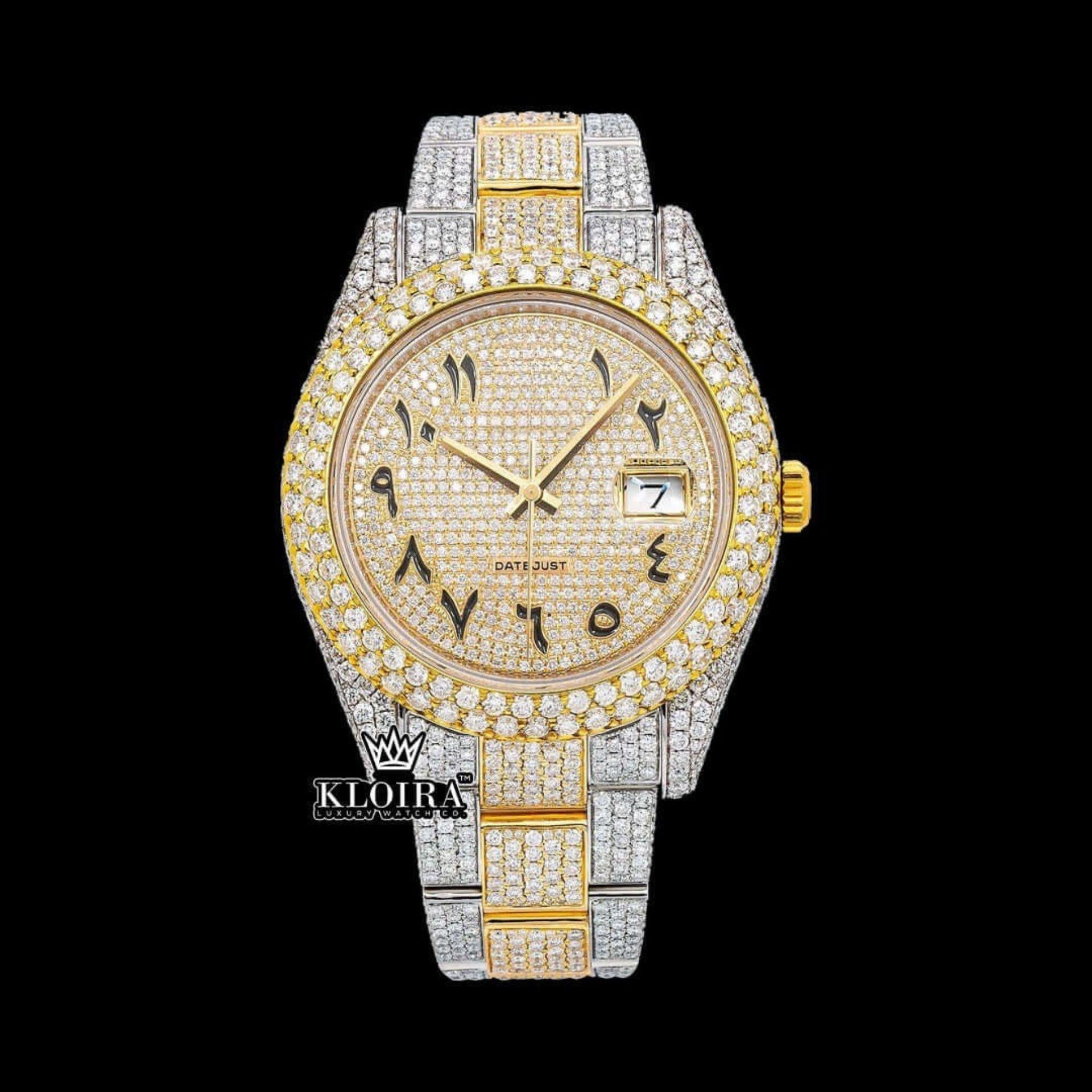 Arabic Numerals Two Tone Yellow Gold Dial Moissanite Diamond Watch Front View
