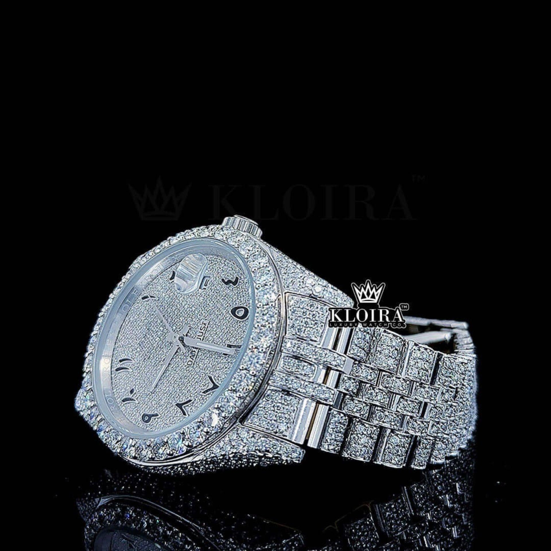 Arabic Numerals White Dial Fully Iced Out Moissanite Watch Close Up Dial View
