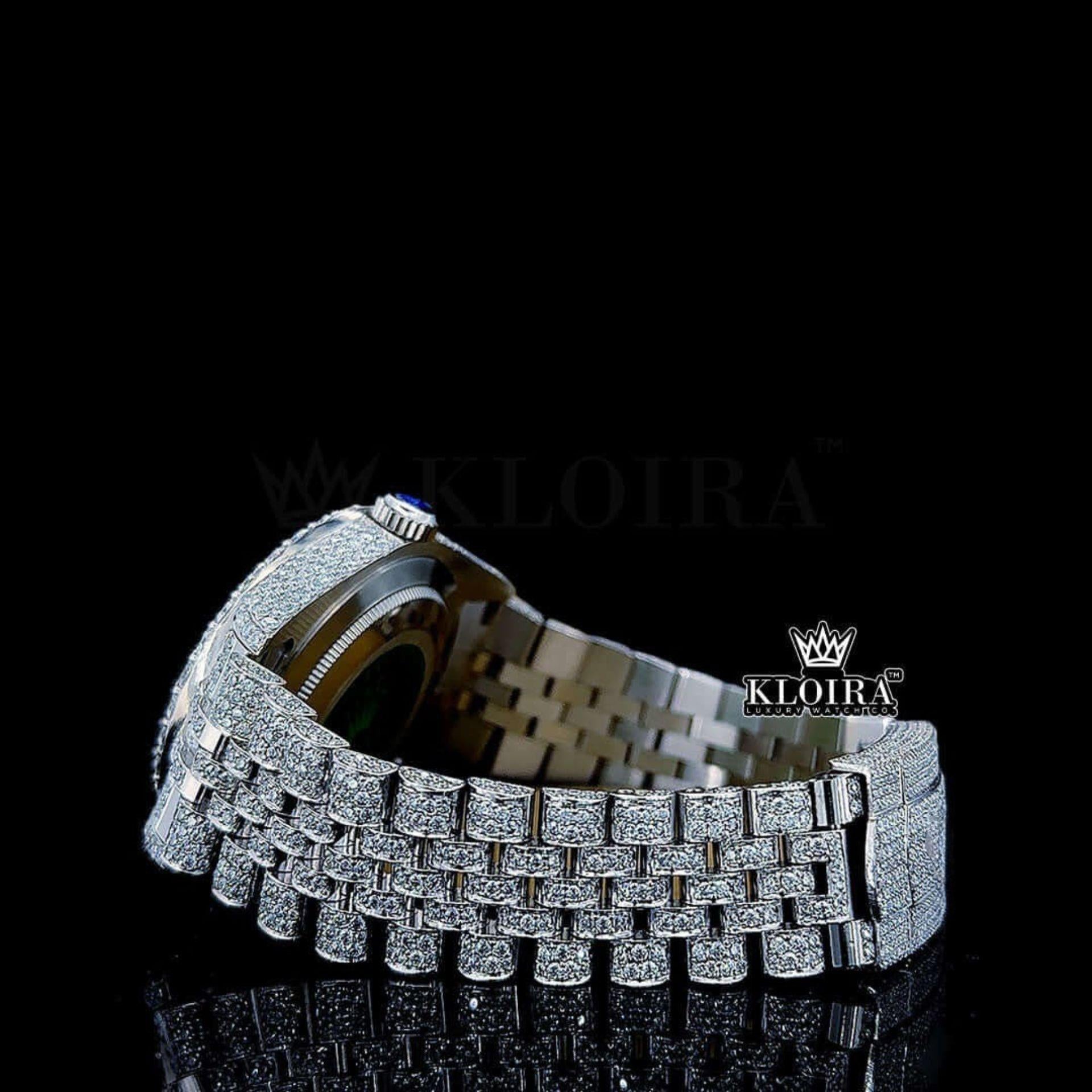 Arabic Numerals White Dial Fully Iced Out Moissanite Watch Cross Back View