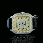 Arabic Numerals Yellow Dial Leather Strap Semi Iced Out Moissanite Watch