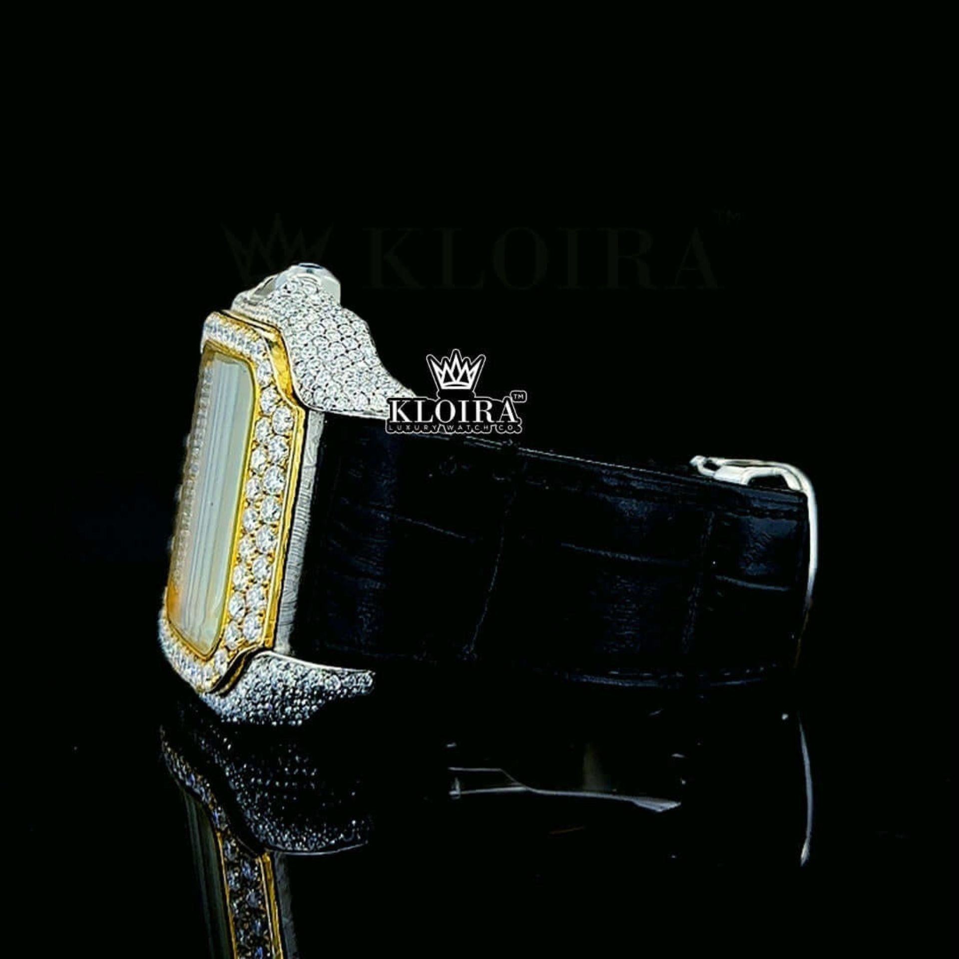 Arabic Numerals Yellow Dial Leather Strap Semi Iced Out Moissanite Watch Left Side View