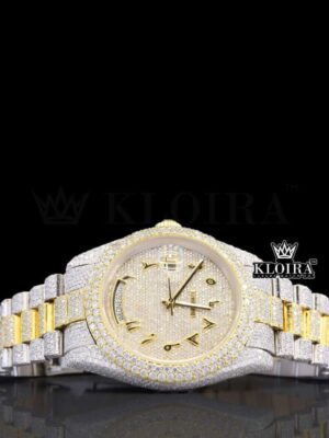 Arabic Numerals Yellow Dial Two Tone Full Iced Out Moissanite Watch