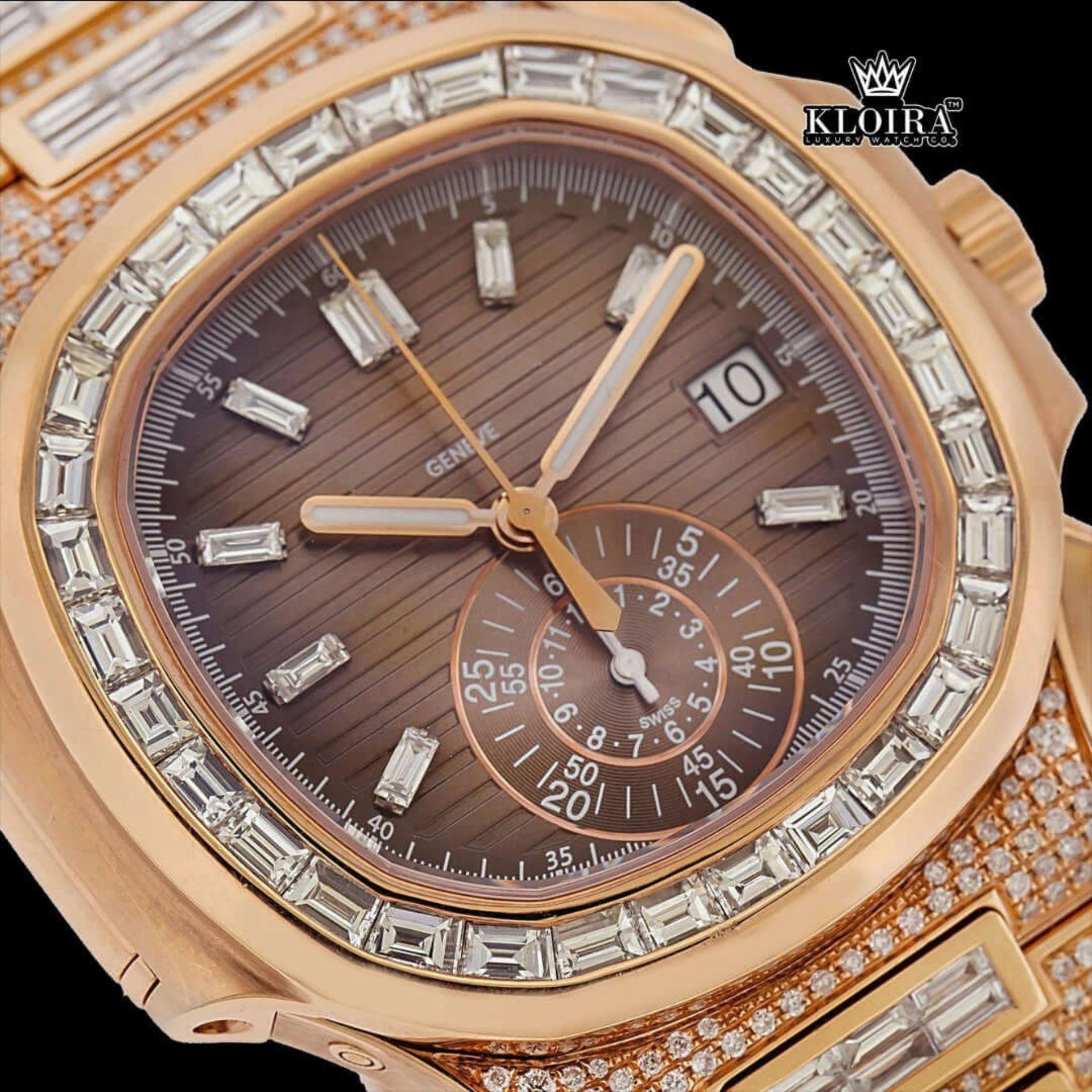 Baguette Bezel Brown Dial Chronograph Moissanite Diamond Watch Full Close Up Dial View