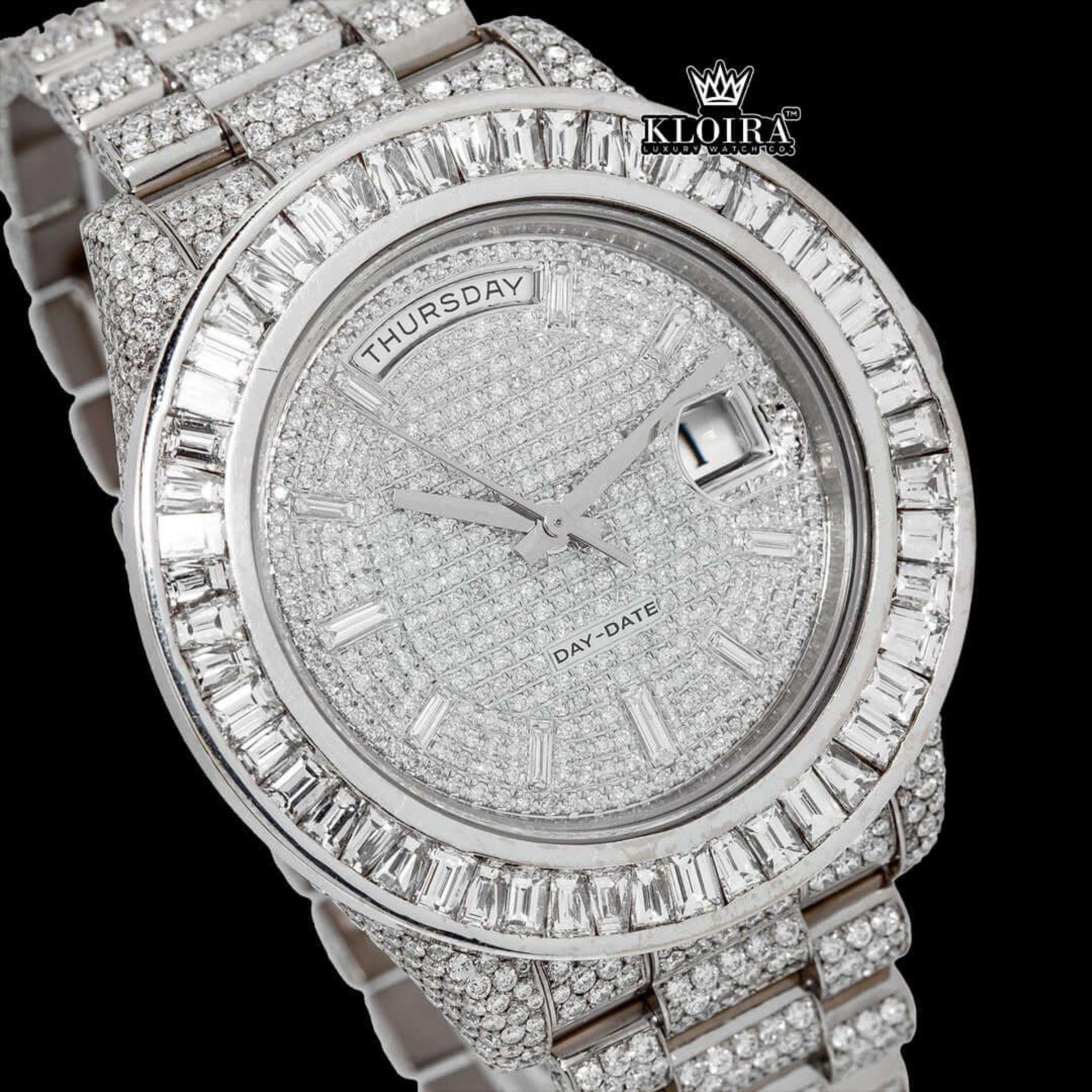 Baguette Bezel Diamond Markers Fully Iced Moissanite Diamond Watch Close Up Dial View