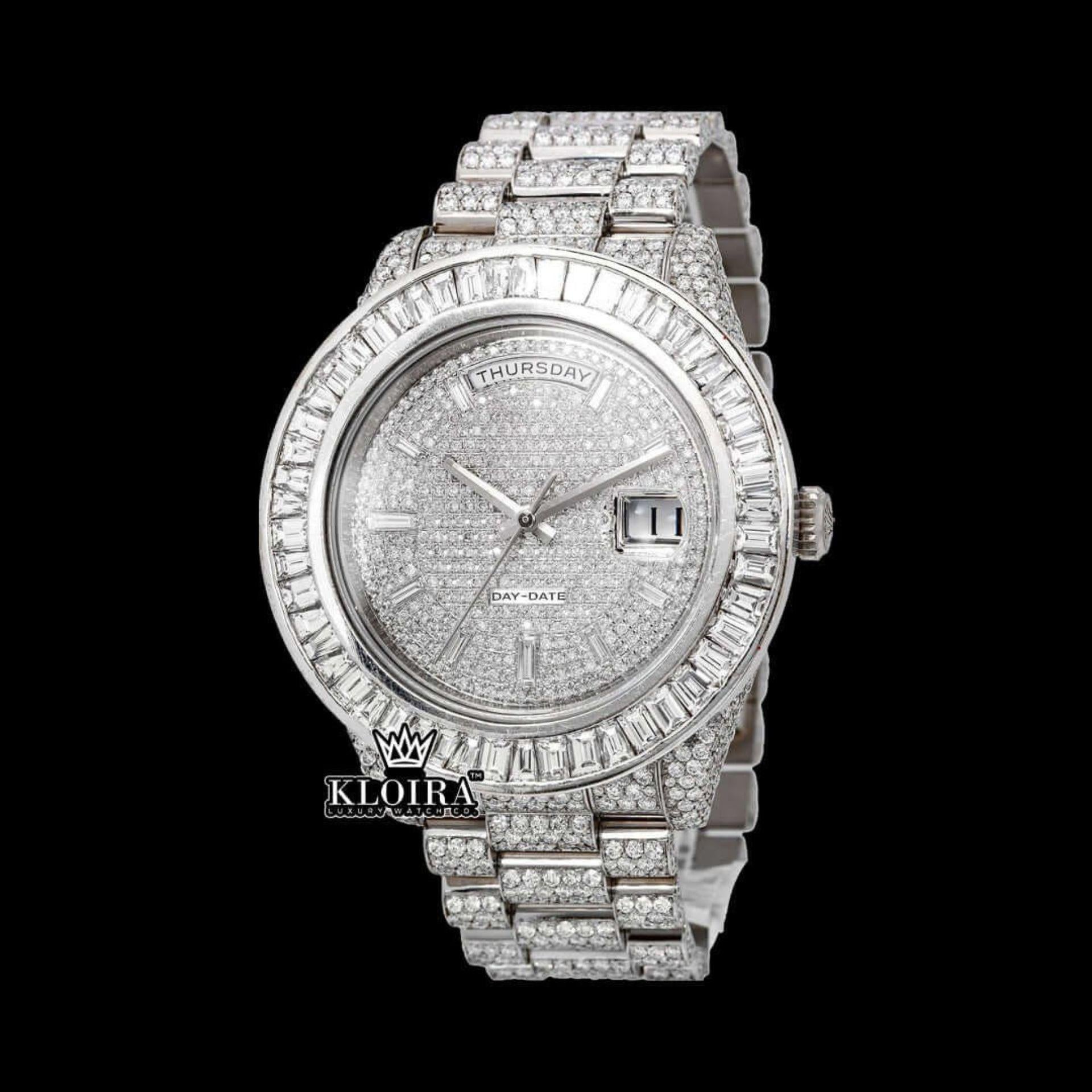 Baguette Bezel Diamond Markers Fully Iced Moissanite Diamond Watch Front View