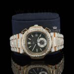 Baguette Diamond Bezel Black Dial Two Tone Moissanite Diamond Watch Close Up Front View
