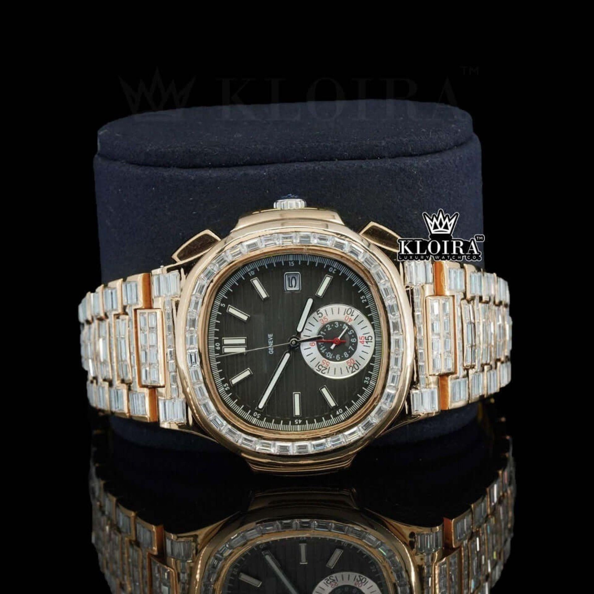 Baguette Diamond Bezel Black Dial Two Tone Moissanite Diamond Watch Close Up Front View