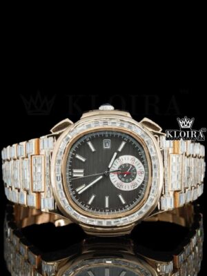 Baguette Diamond Bezel Black Dial Two Tone Moissanite Diamond Watch