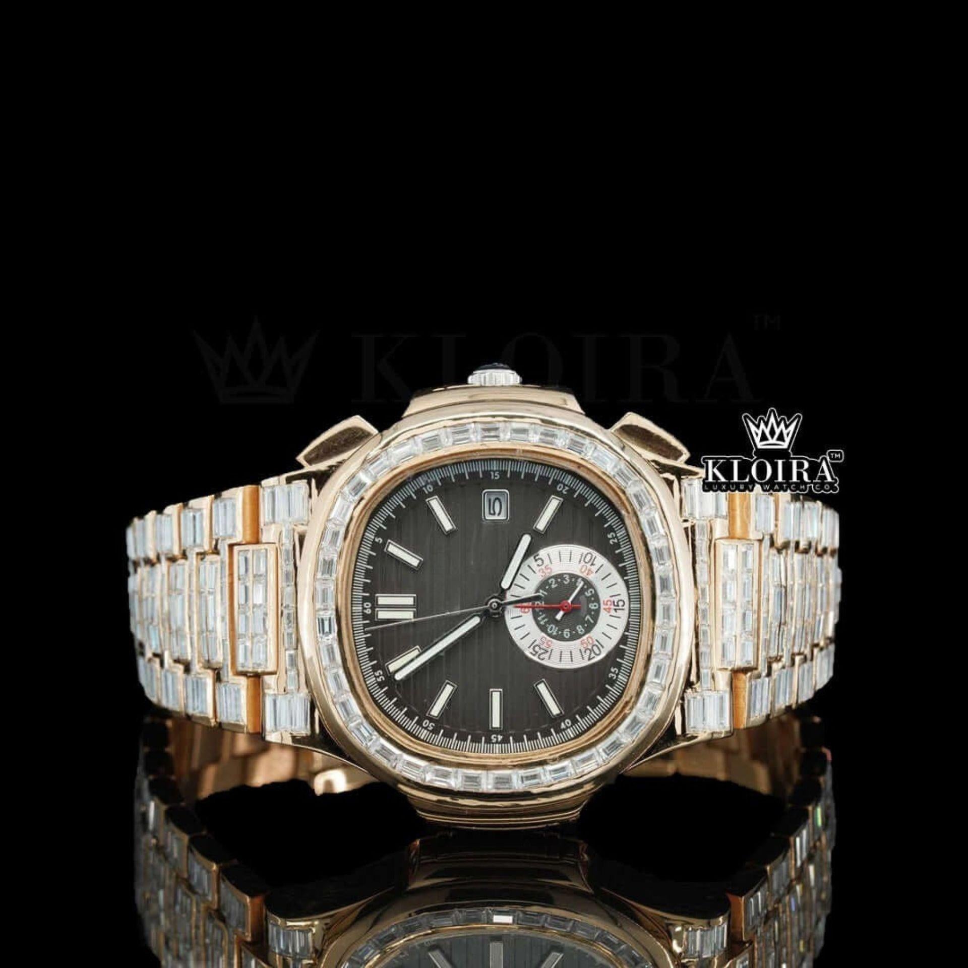 Baguette Diamond Bezel Black Dial Two Tone Moissanite Diamond Watch Front View