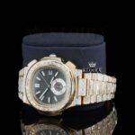 Baguette Diamond Bezel Black Dial Two Tone Moissanite Diamond Watch Left Profile View