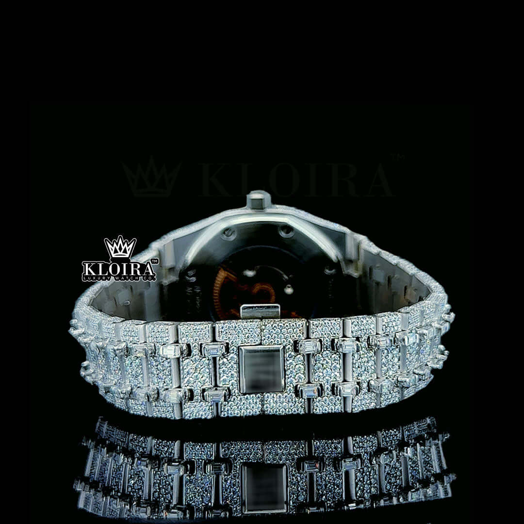 Baguette Diamond Markers White Dial Fully Iced Out AP Moissanite Watch Caseback View