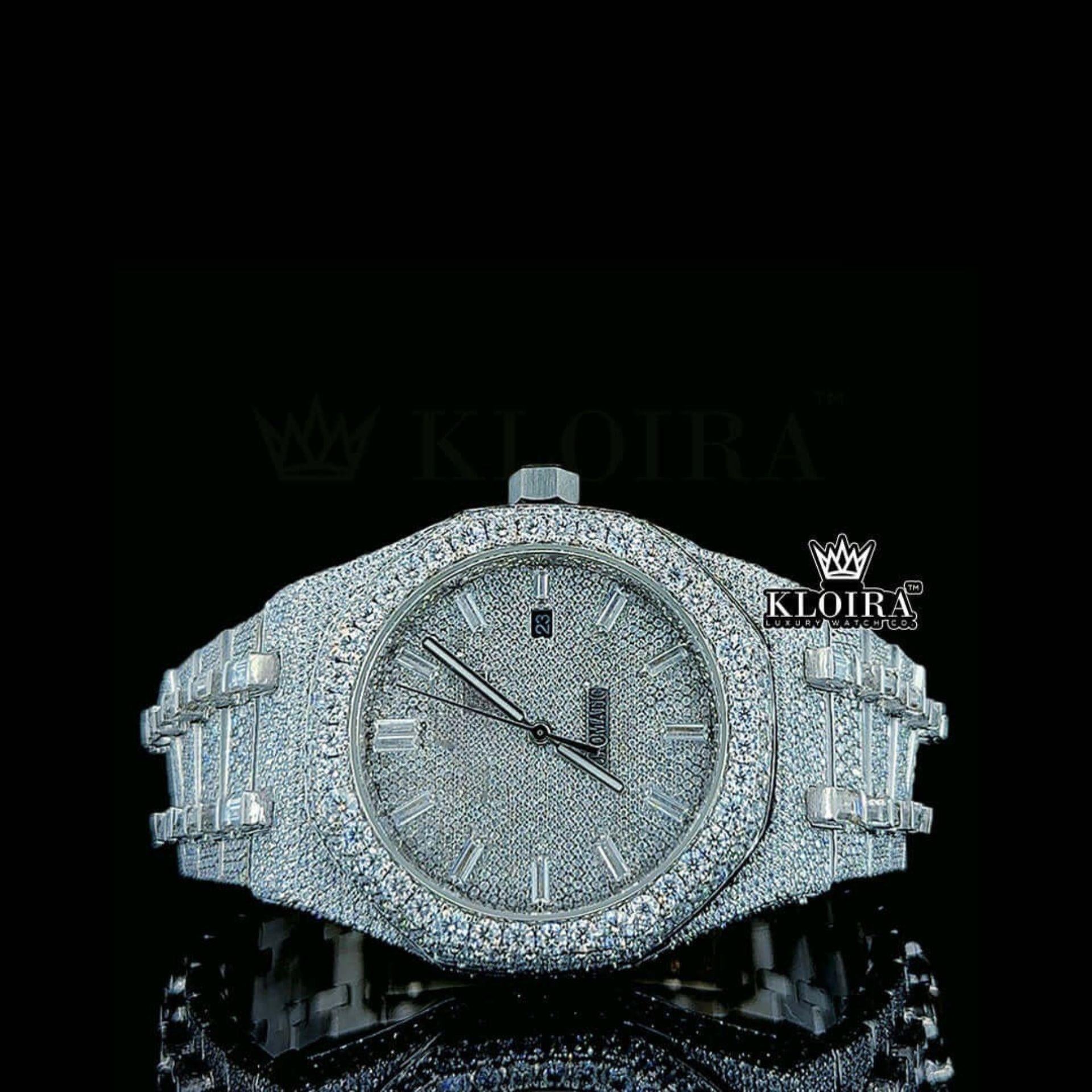 Baguette Diamond Markers White Dial Fully Iced Out AP Moissanite Watch Front View
