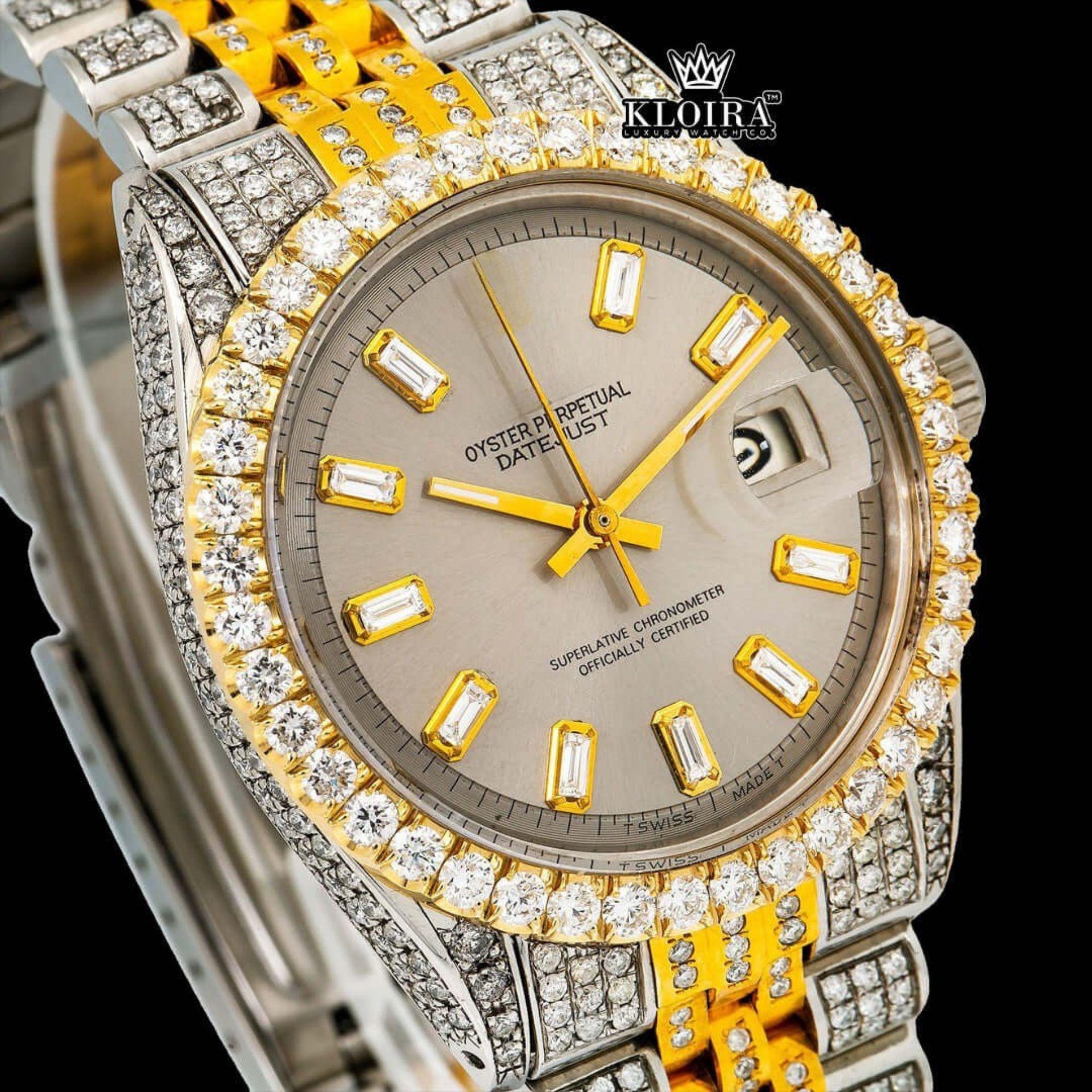 Beige Dial Diamond Markers Two Tone Fully Iced Moissanite Diamond Watch Close Up Dial View