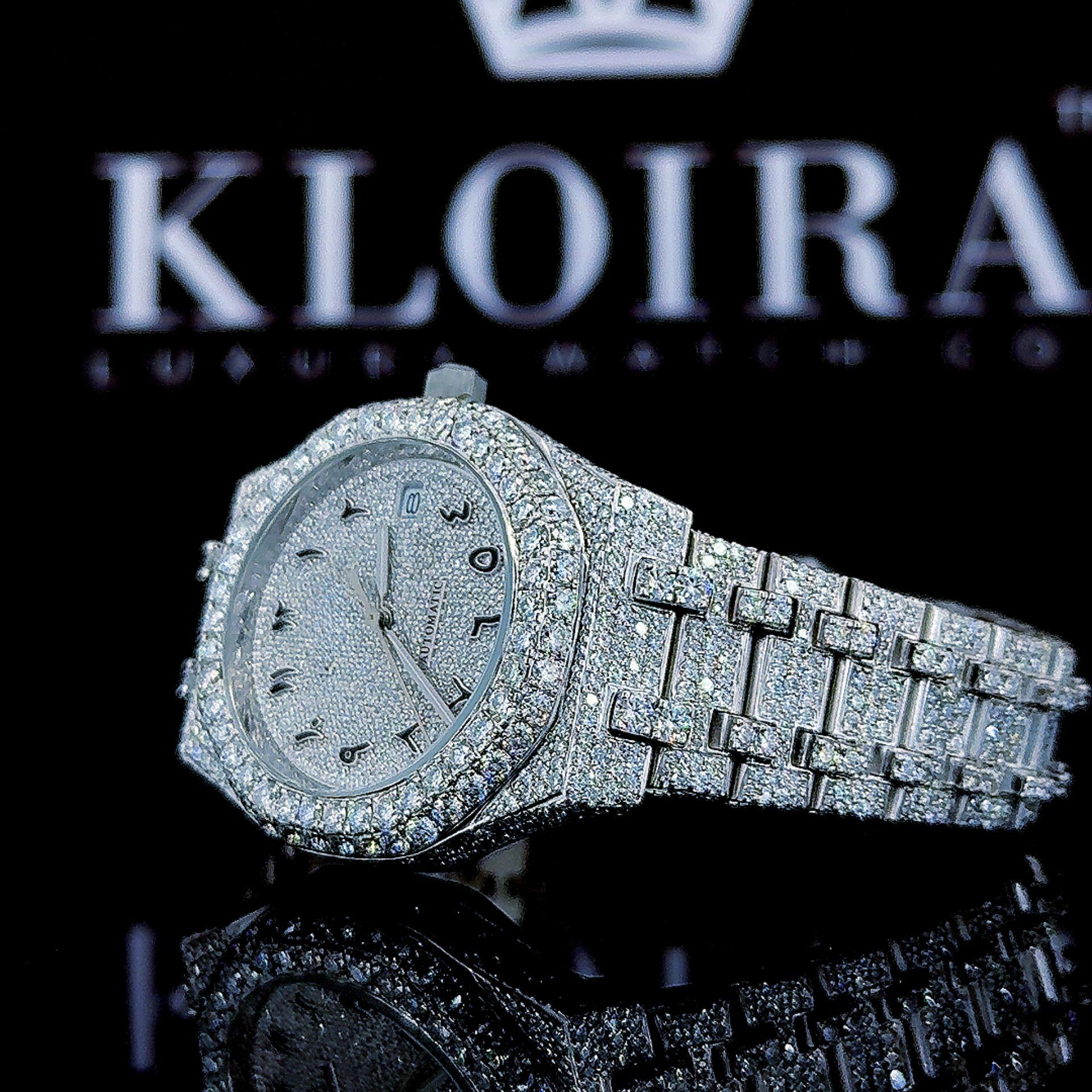 Black Arabic Dial AP Fully Iced Out Moissanite Diamonds Watch Left Profile View