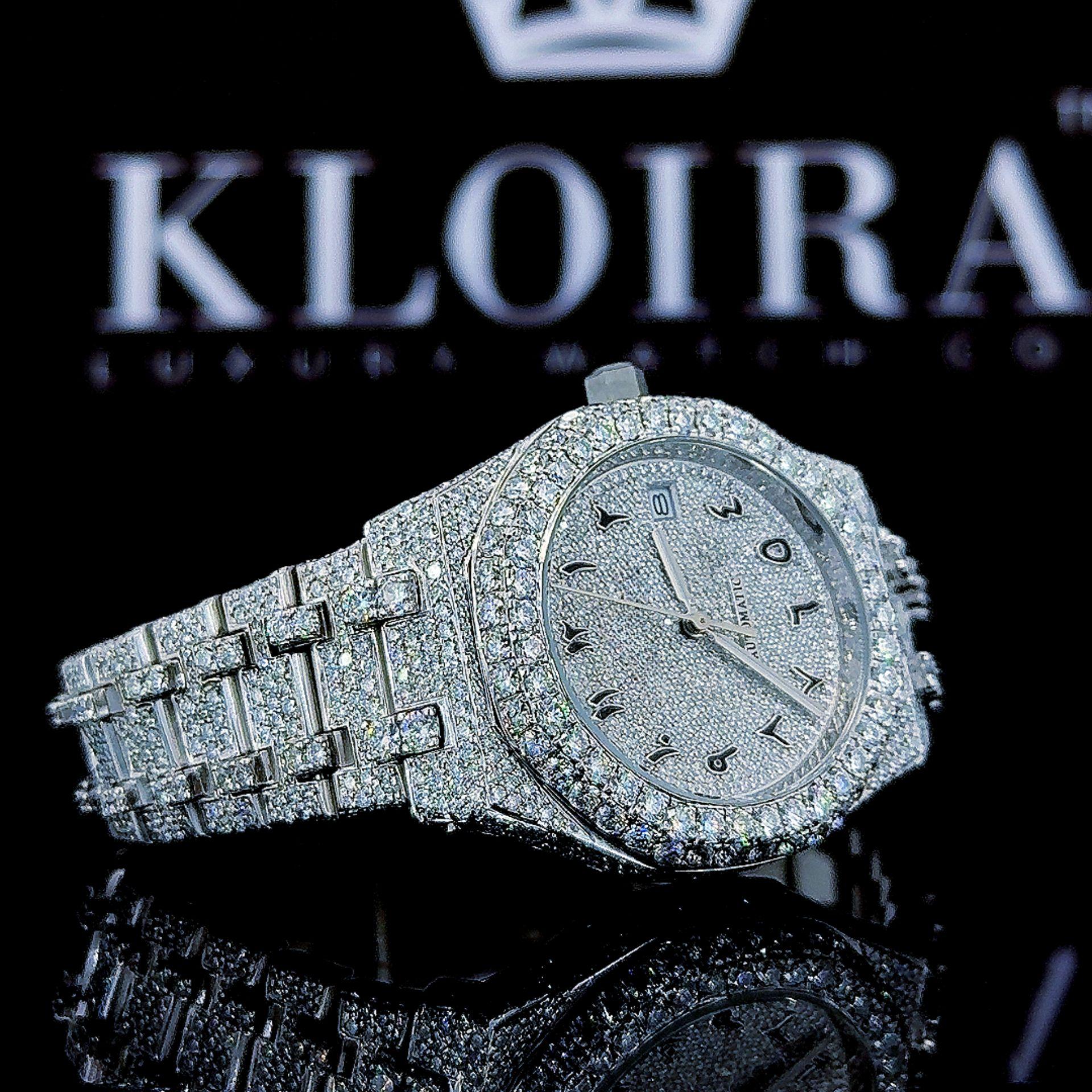 Black Arabic Dial AP Fully Iced Out Moissanite Diamonds Watch Right Profile View