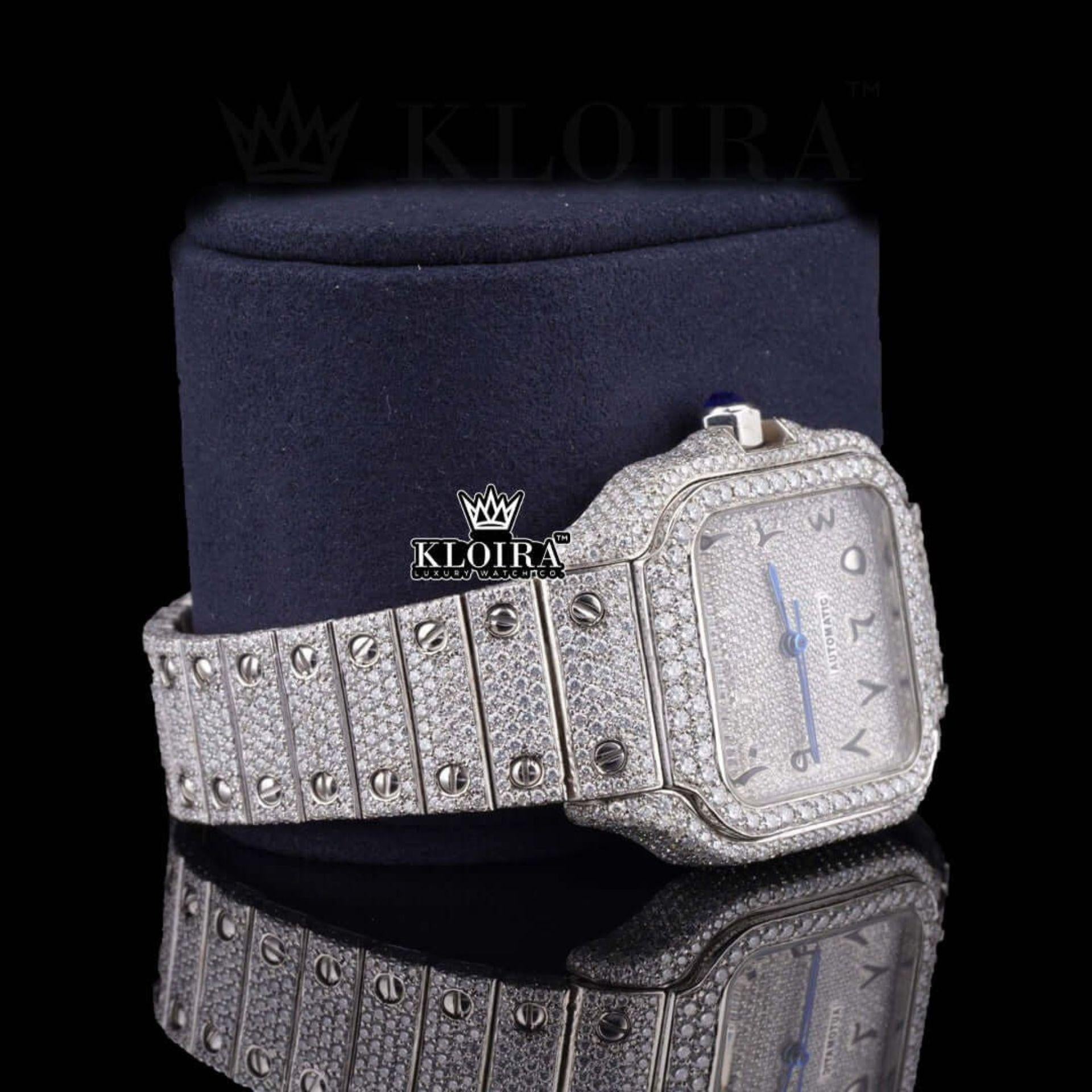 Black Arabic Numerals Bust Down White Dial Moissanite Diamond Watch Close Up Dial View