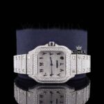 Black Arabic Numerals Bust Down White Dial Moissanite Diamond Watch Close Up Front View