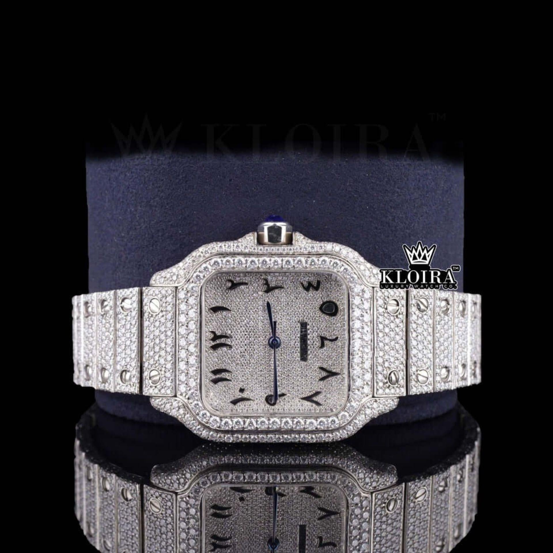 Black Arabic Numerals Bust Down White Dial Moissanite Diamond Watch Close Up Front View