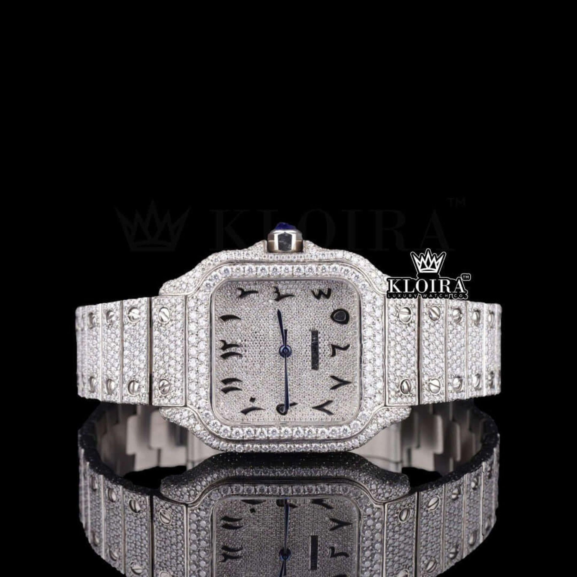 Black Arabic Numerals Bust Down White Dial Moissanite Diamond Watch Front View