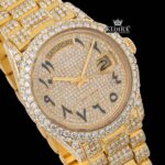 Black Arabic Numerals Dial Day Date Display Yellow Gold Moissanite Watch Close Up Dial View