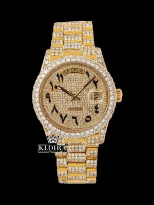 Black Arabic Numerals Dial Day Date Display Yellow Gold Moissanite Watch