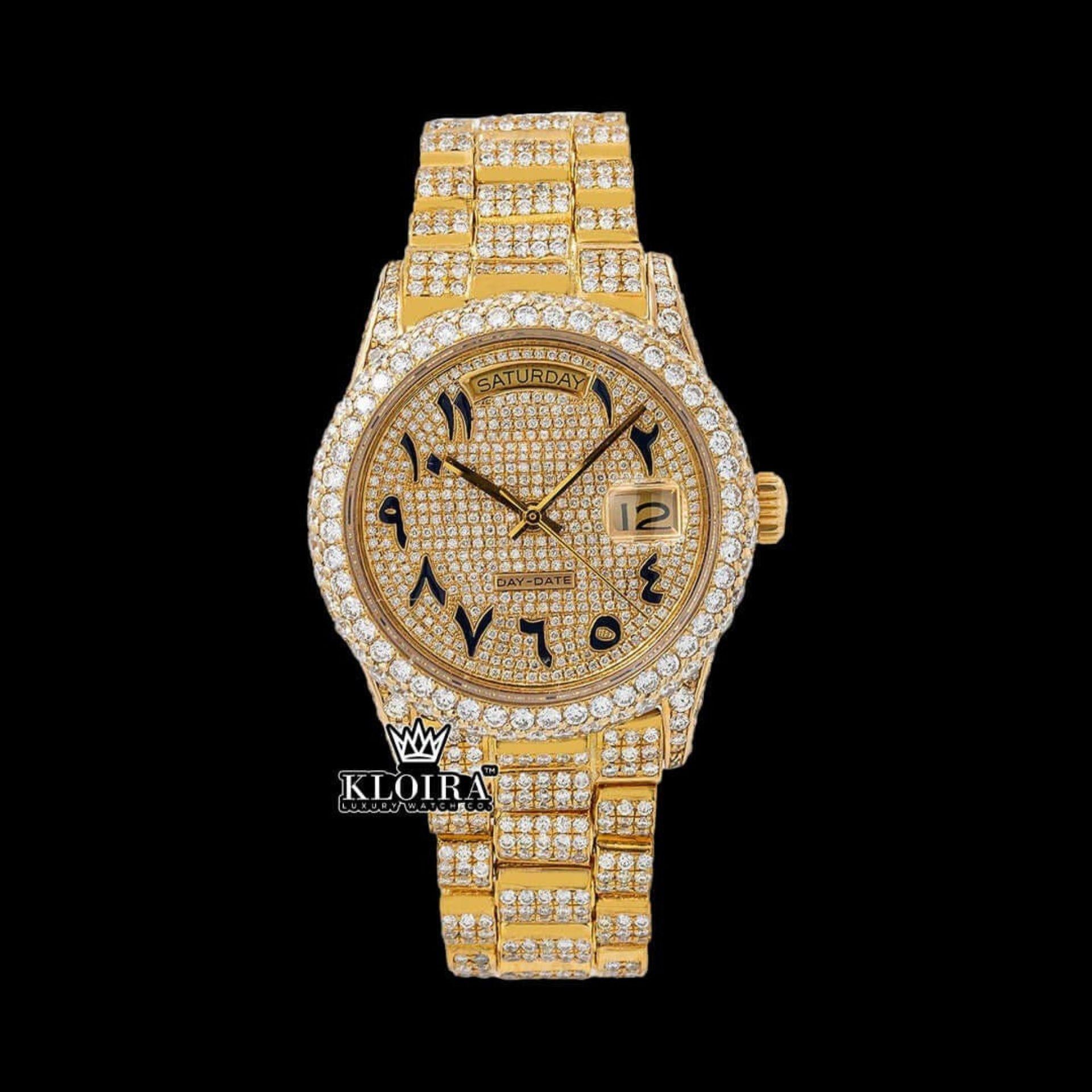 Black Arabic Numerals Dial Day Date Display Yellow Gold Moissanite Watch Front View