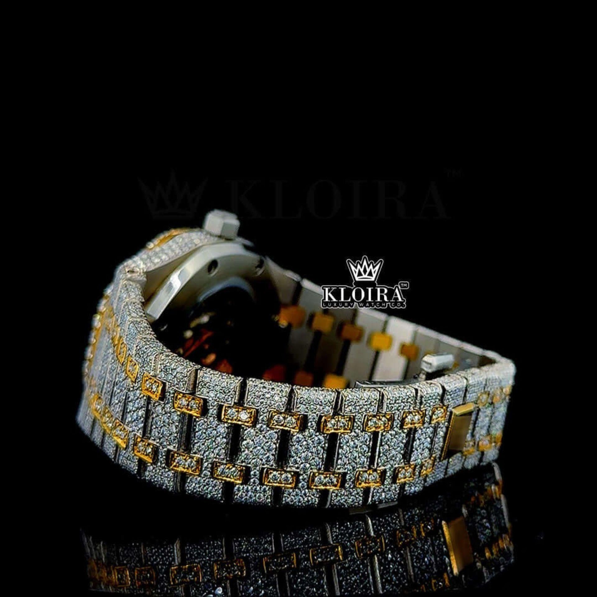 Black Arabic Numerals Dial Two Tone Yellow Gold Natural Diamonds Watch Cross Left Side View