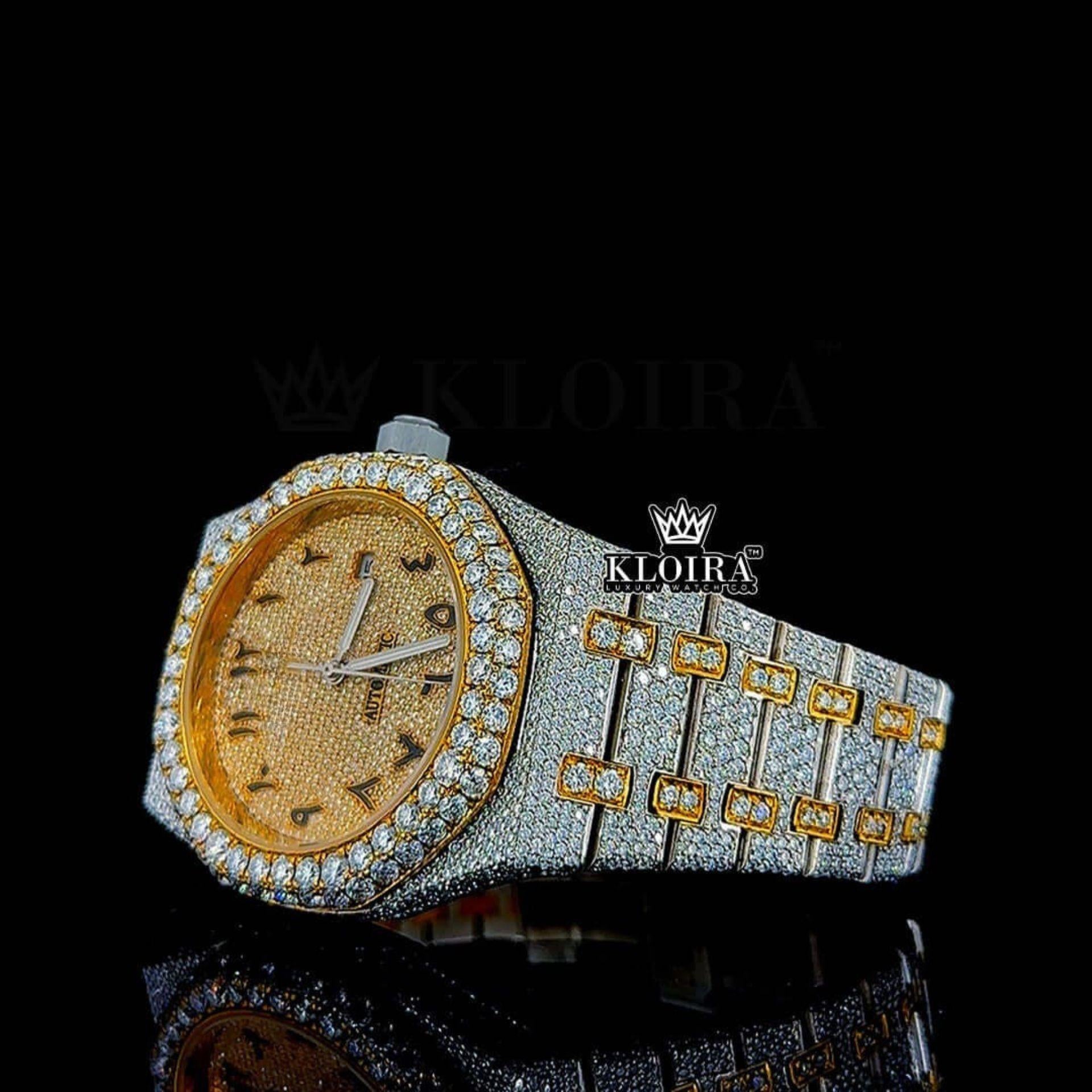 Black Arabic Numerals Dial Two Tone Yellow Gold Natural Diamonds Watch Left Profile View